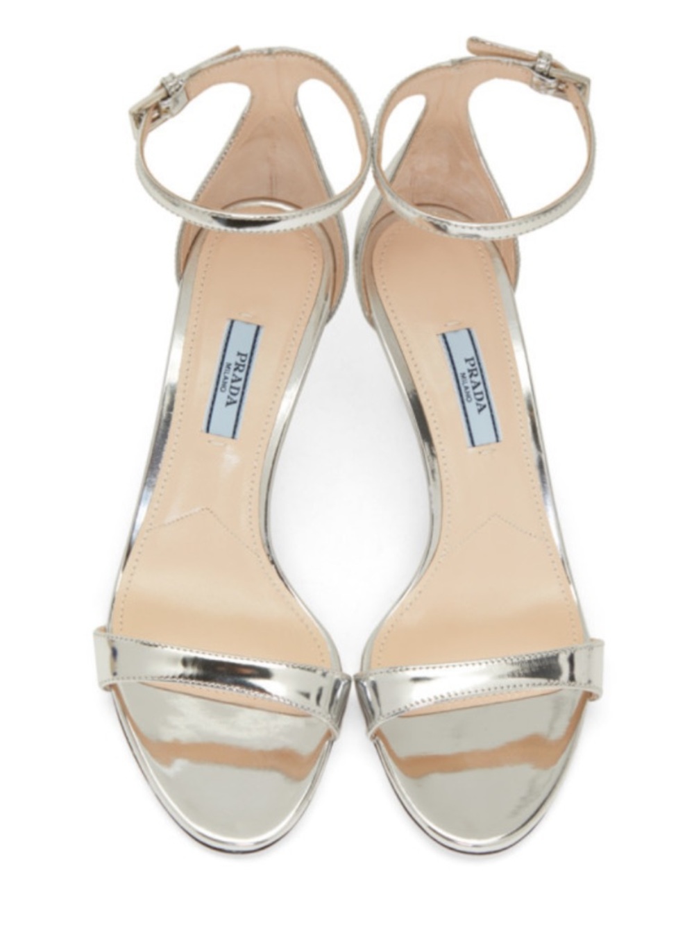 Prada Silver Metallic Leather Ankle-Strap Heels 38
